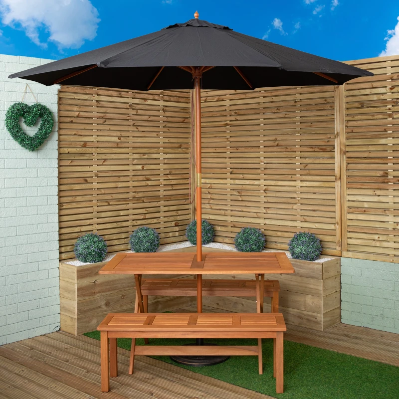 Image of Outdoor 4 Person Rectangular Wooden Garden Dining Table, 2 Benches with Black Parasol and Base Set