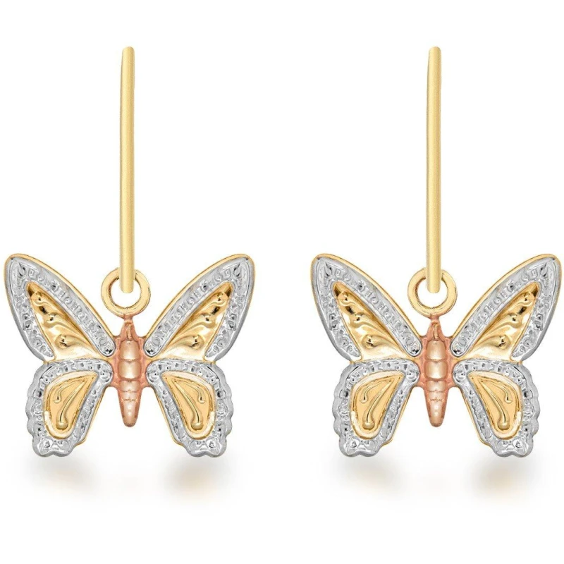 Image of Be You 9ct Gold 3-Colour Butterfly Drop Earrings 2-Tone female One Size
