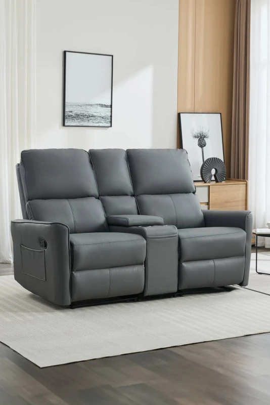 Image of More4Homes Madrid 2 Seater W Console Manual Air Leather Recliner Sofa Grey