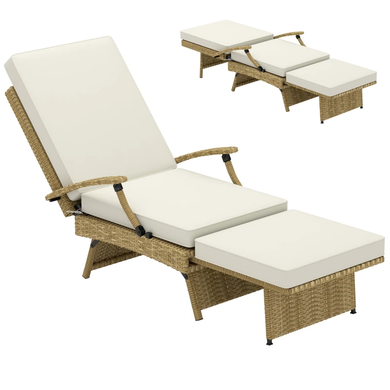 Image of Outsunny Foldable Rattan Garden Recliner Chair w/ Cushion - Footrest - Cream TJ Hughes 5056725528768