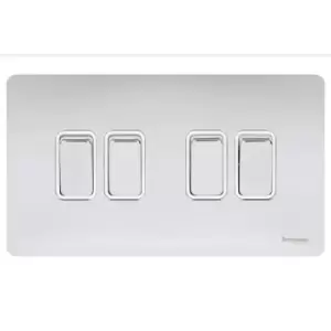 Image of Schneider Electric Ultimate Screwless Flat Plate - 4 Gang Rocker 2 Way Light Switch, Single Pole, 16AX, GU1442WPC, Polished Chrome with White Insert