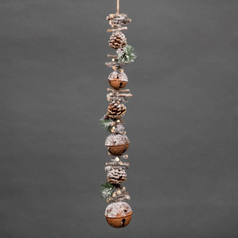 Image of Shatchi 90cm Garland with Red Jingle Bells Wooden Sticks, Berries and Pinecones Christmas Home Wall Door Hanger Sleigh Bells Xmas Brown