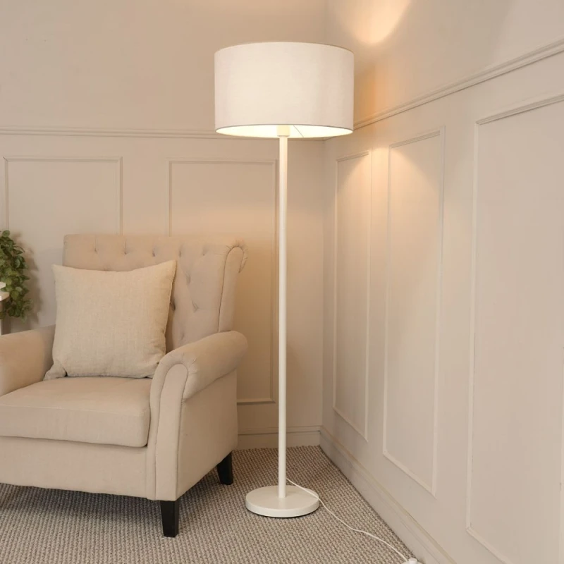 Image of ValueLights Charlie White Single Stem Floor Lamp with Fabric Drum Lamp Shade and LED Bulb Grey