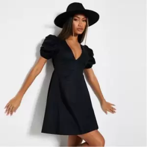 Image of I Saw It First V Neck Puff Sleeve Mini Dress - Black
