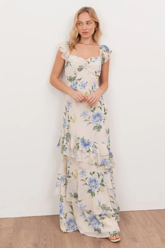 Image of Anaya with Love Womens Flutter Sleeve Asymmetric Ruffle Maxi Dress in Off-White Size: 12 Off-White Female 12