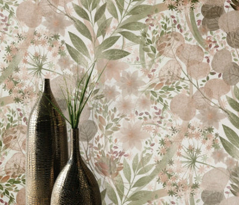 Image of Erismann Floral Green Pink Off White Non Woven Paste The Wall Wallpaper, Pink WL-10506-05