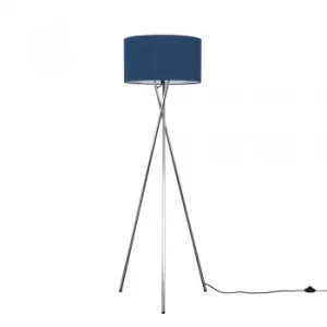 Image of Camden Chrome Tripod Floor Lamp with XL Navy Blue Reni Shade