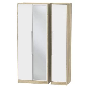 Image of Robert Dyas Barquero Ready Assembled Tall 3-Door Mirrored Wardrobe- Pine/White Gloss