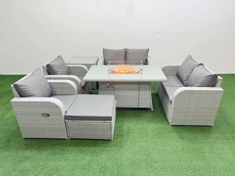 Image of Fimous 7 Seater Outdoor Reclining Chair Love Sofa Set Rattan Garden Furniture Set with Firepit Dining Table Footstool Side Table Light Grey Light Grey
