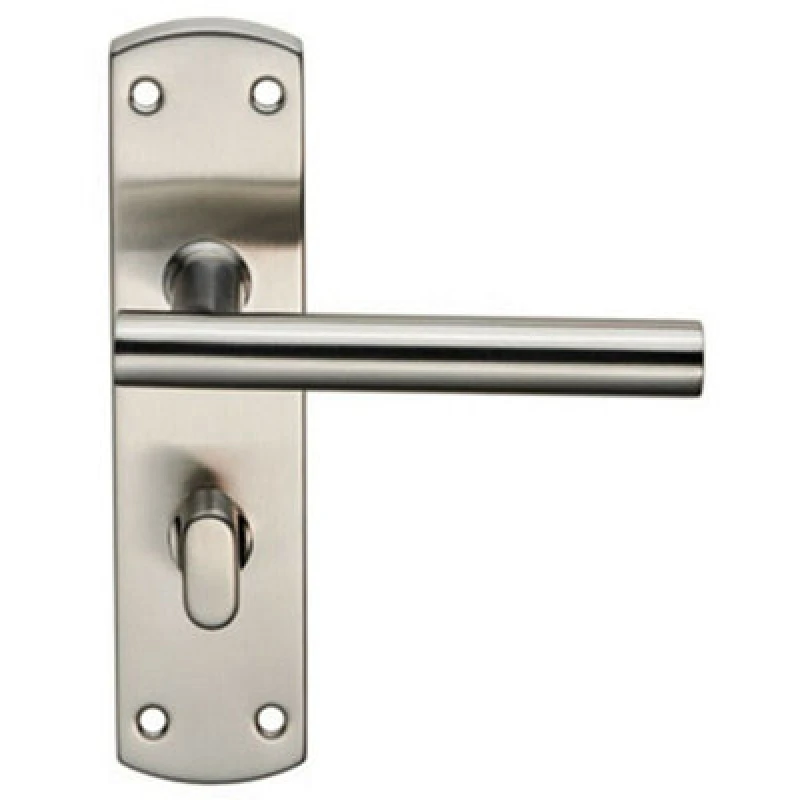 Image of Loops Mitred T Bar Lever on Bathroom Backplate Handle Thumbturn Lock Satin Steel Metallics