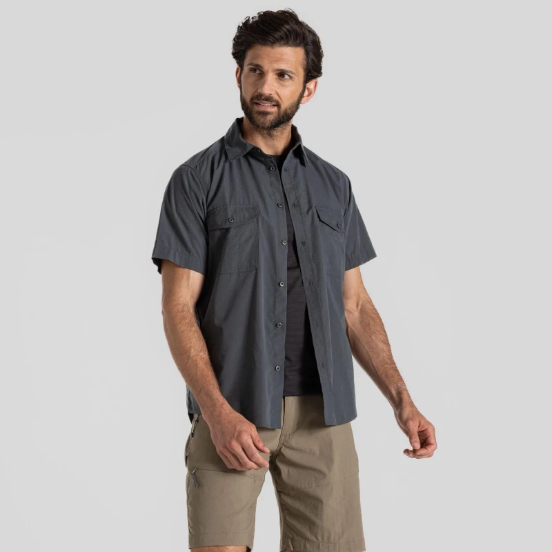 Image of Craghoppers Craghoppers Men NosiDefense Cotton-Blend 'Kiwi' Short Sleeve Shirt in Dark Grey Size: X-Large Dark Grey XL Male 5054904523030
