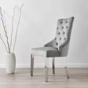 Image of Furniture Box 2 x Belgravia Grey Velvet Scoop Knocker Back Luxury Button Detail Dining Chairs