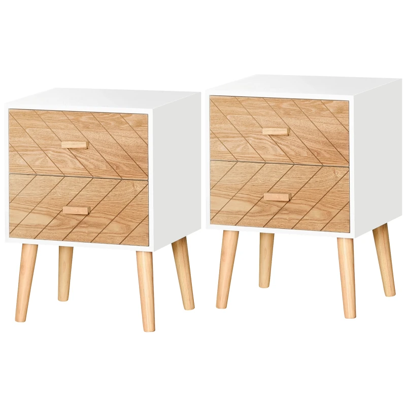 Image of HOMCOM Wooden Bedside Table Set: 2 Nightstands with Drawers & Pine Legs, Natural Wood Storage Aosom UK