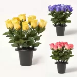 Image of Set of 3 Rosebuds with Gypsohila in Grave Vase - Violet, Pink, Yellow - Homescapes