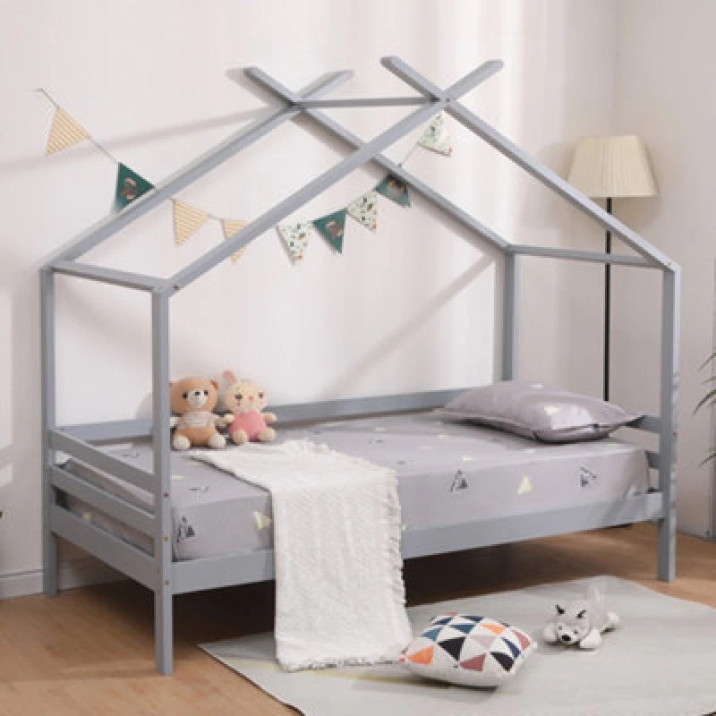 Image of Slumberworx Teddy Kids Wooden House Treehouse Single Bed Frame (grey), Grey 5.05574E+12