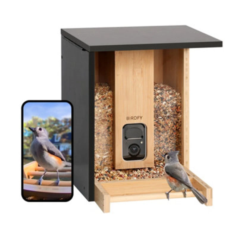 Image of BIRDFY Smart Camera Bird Feeder with Solar Roof - Bamboo, Brown,Black 761736484419
