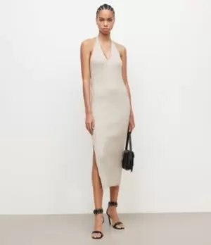 Image of AllSaints Womens Lexi Halter Neck Dress, Oyster Silver, Size: M