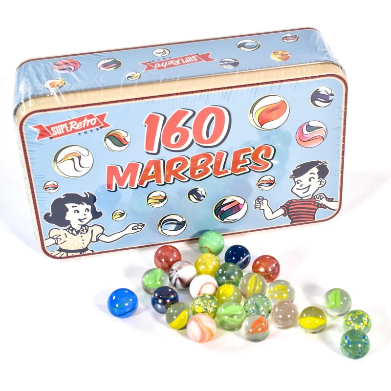 Image of KandyToys SupeRetro 160 Piece Classic Glass Marbles with Vintage Tin Multi