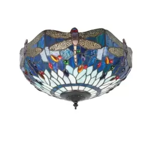 Image of Dragonfly 2 Light Medium Ceiling Flush Light Dark Bronze, Blue, Tiffany Style Glass, E27