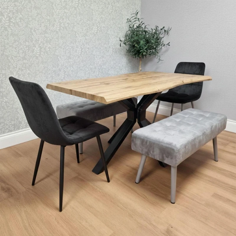 Image of Kosy Koala Modern Dining Table Set Of Brown Table, 2 Black Velvet Chairs And 2 Velvet Benches, Multi DK140+2BKRO2GRB