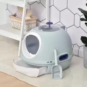 Image of PawHut Futuristic Capsule-Shaped Cat Litter Box w/ 2 Doors Litter Scoop Drawer - Blue
