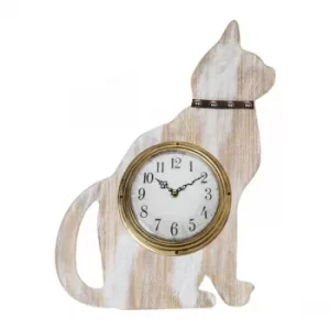Image of Whitewashed Wood Cat Shaped Wall Clock 48cm
