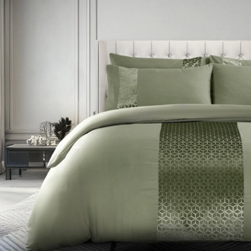 Image of Velosso Elegant Foil Printed Duvet Cover & Pillowcase Set, Luxury Bedding, Modern Bed Covers With Stylish Geometric Pattern, - Sage