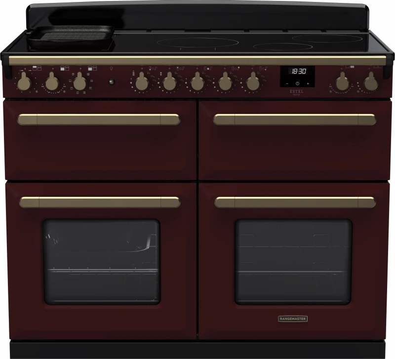 Image of Rangemaster Estel Deluxe ESDLB110EIPBOR/AB1 110cm wide Electric Range Cooker with Induction Hob - Bordeaux / Antique Brass - A Rated