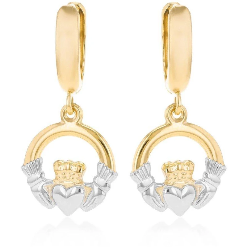 Image of Be You 9ct Gold Hoop With Claddagh Drop Earring Yellow And Whit female One Size