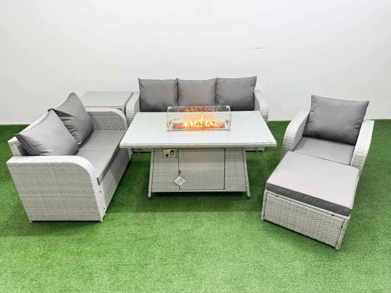 Image of FIMOUS Fimous - Patio pe Wicker 7 Seater Outdoor Rattan Furniture Sofa Sets with Firepit Dining Table Reclining Chair Loveseat Sofa 3 Seater Sofa Big