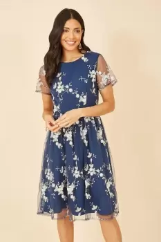 Image of Navy Embroidered Floral Skater Dress