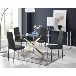 Image of Furniturebox Leonardo 120cm Modern Glass And Gold Metal Leg Dining Table And 4 Black Milan Faux Leather Black Leg Dining Chairs