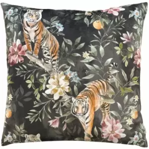 Image of Wylder Tropics Orient Tiger Repeat Print Velvet Cushion Cover, Jet, 43 x 43 Cm