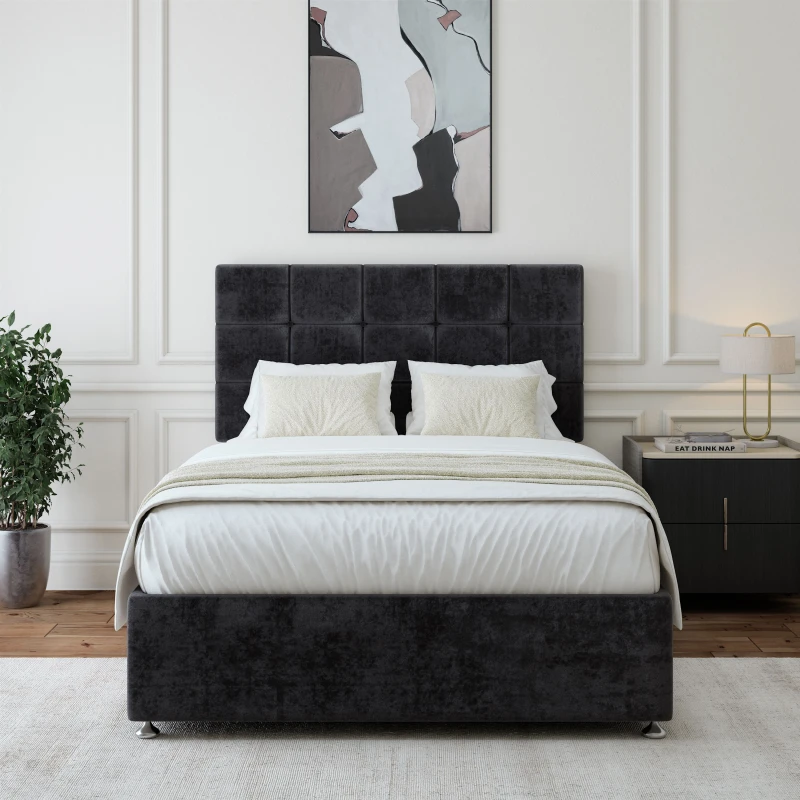 Image of Bedmaster Bedmaster Luxury Velvet 2 Drawer Divan Base And Square Headboard in Black Size: Super King Black Super King Unisex 7867867295993
