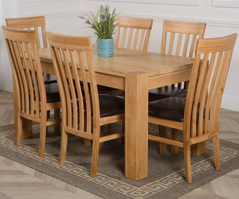 Image of Thats Furniture Kuba 150 x 85cm Chunky Medium Oak Dining Table & 6 Harvard Chairs in Brown Brown Unisex 150 x 85 cm