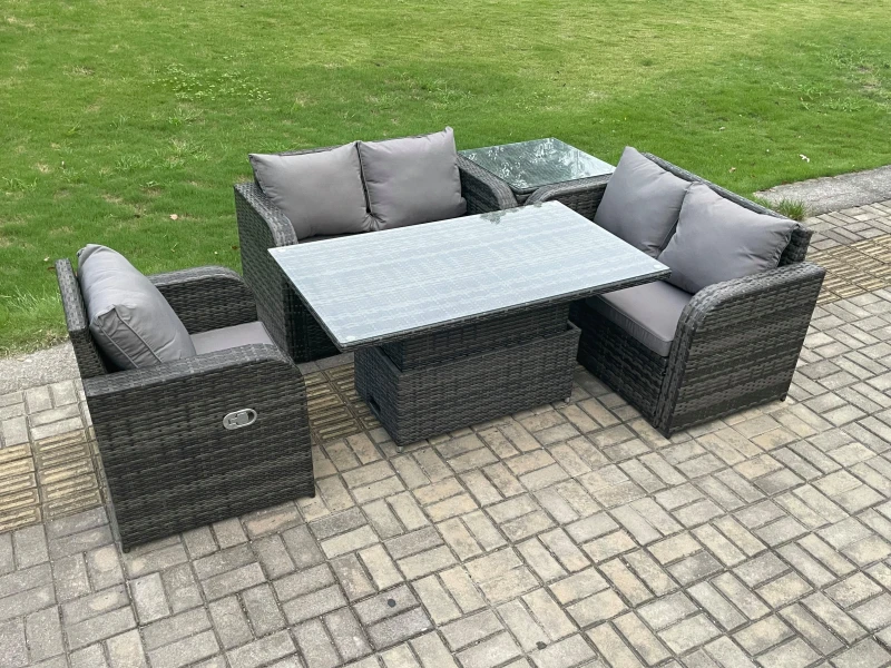 Image of Fimous Rattan Furniture Garden Dining Set Outdoor Height Adjustable Rising lifting Table Love Sofa Chair With Side Table Dark Grey