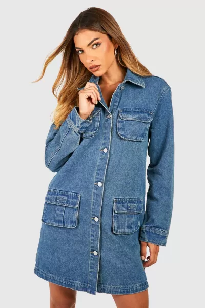 Image of Cargo Pocket Denim Shirt Dress