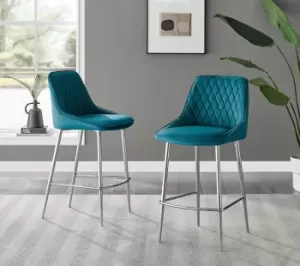 Image of Set of 2 Fletcher Soft Diamond-Stiched Velvet Bar Stools With Silver Chrome Legs