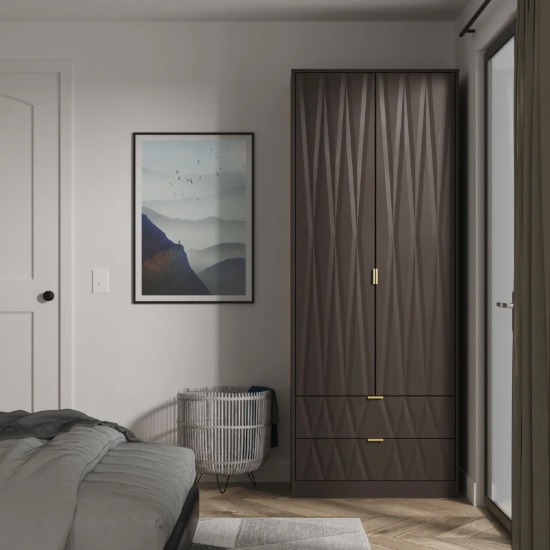 Image of Studio Las Vegas Tall 2 Drawer Wardrobe with Gold Handles Wardrobes Large Grey 38943802140