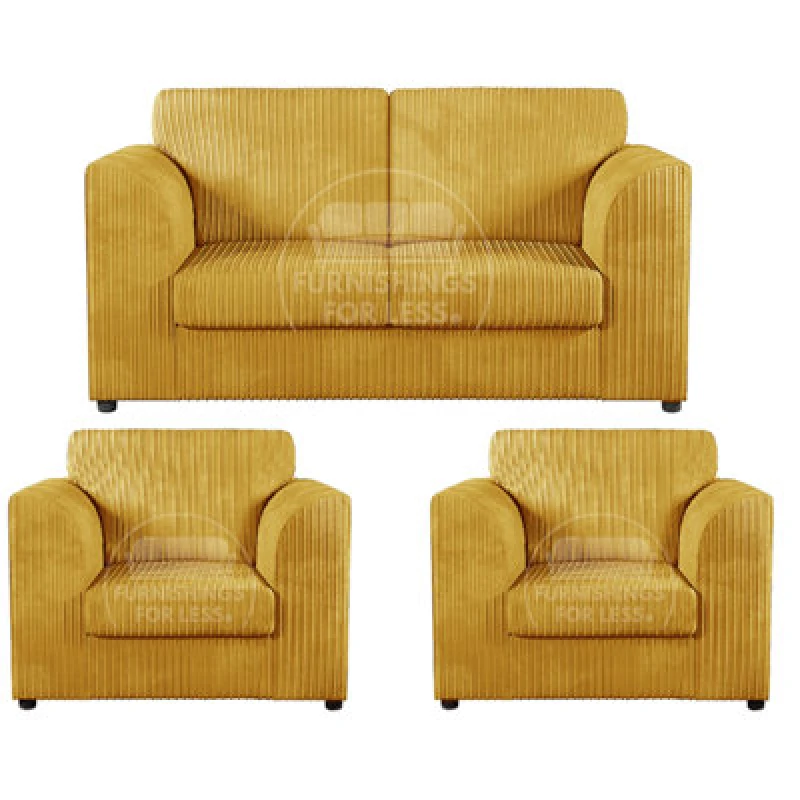 Image of Furnishings For Less UK Luxor Jumbo Cord 2 + 1 + 1 Fabric 3 Piece Sofa Suite - Fullback Mustard