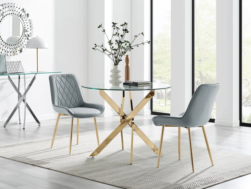 Image of FurnitureboxUK FurnitureboxUK Novara 100cm Round Gold Leg Dining Table & 2 Pesaro Gold Leg Chairs in Grey Grey One Size Unisex 5056784304648