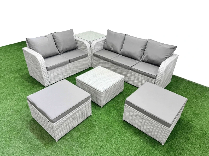 Image of Fimous 7 Seater PE Rattan Wicker Garden Furniture Patio Conservatory Sofa Set with Square Coffee Table 3 Seater Sofa Love Sofa 2 Big Footstool Side Ta