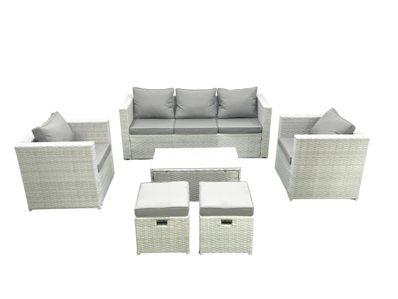 Image of Fimous Rattan Garden Furniture Set with 3 Seater Sofa 2 Chair Rectangular Coffee Table 2 Small Footstools Light Grey Mixed 7 Seater Light Grey