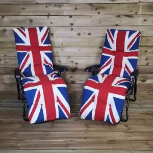Image of Pack of Two Union Jack Padded Outdoor Garden Patio Recliners / Sun Loungers