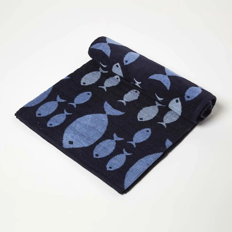 Image of Homescapes Blue Fish 100% Recycled Cotton Beach Towel Blue