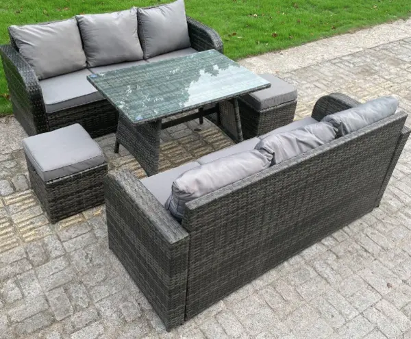 Image of Fimous 6 Seater Outdoor Dark Grey Rattan Lounge Complete Sofa Set with Regular Dining Table, Large Cusions and 2 Stools