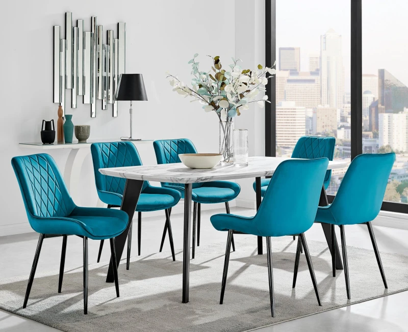 Image of FurnitureboxUK FurnitureboxUK Andria White Marble Effect & Black Leg 6 Seater Dining Table and 6 Pesaro Soft Velvet Chairs in Blue Blue One Size Unise