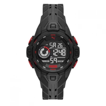 Image of Puma Puma Black And Red Detail Digital Dial Black Pu Strap Watch