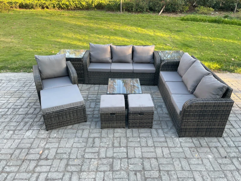 Image of Fimous 10 Seater Outdoor Rattan Garden Furniture Set Conservatory Patio Sofa Coffee Table With Reclining Chair 3 Footstools 2 Side Tables Dark Grey