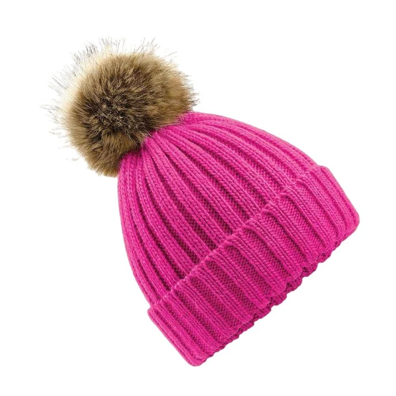 Image of Beechfield Beechfield Fur Pop Pom Chunky Beanie in Fuchsia Fuchsia One Size Unisex 5063470759156